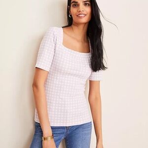 Ann Taylor Lavender Gingham Fitted Short Sleeve Blouse | Work Professional